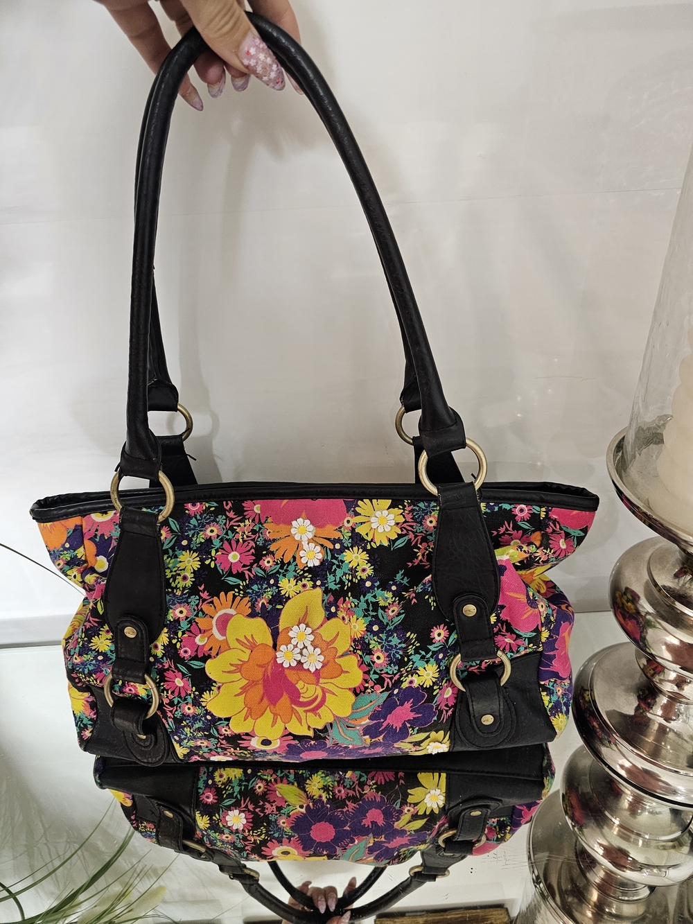 O'Neill Black Tote with Bright Floral Print